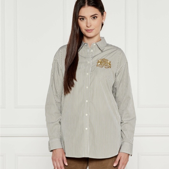 Lauren Ralph Lauren Tops - Ralph Lauren Olive Green Stripe Broadcloth Relaxed Fit Button Down Shirt S NWT